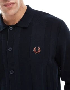 Fred Perry Long Sleeve Knitted Button Through Shirt In Navy For Men -Modish Men Wear 208006677 3
