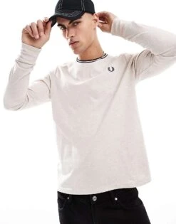 Fred Perry Long Sleeve Twin Tipped T-shirt In Oatmeal Marl For Men White