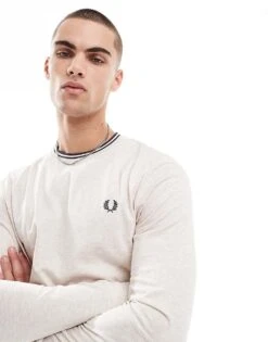 Fred Perry Long Sleeve Twin Tipped T-shirt In Oatmeal Marl For Men White -Modish Men Wear 208006733 3
