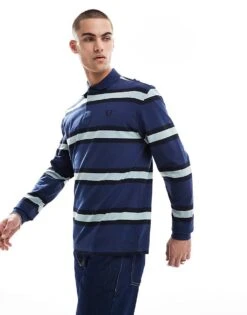 Fred Perry Long Sleeve Polo Shirt In Navy With Horizontal Thick Stripes For Men -Modish Men Wear 208008051 1 navy 1