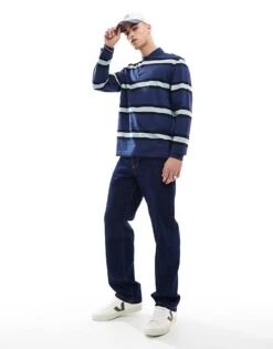 Fred Perry Long Sleeve Polo Shirt In Navy With Horizontal Thick Stripes For Men -Modish Men Wear 208008051 3